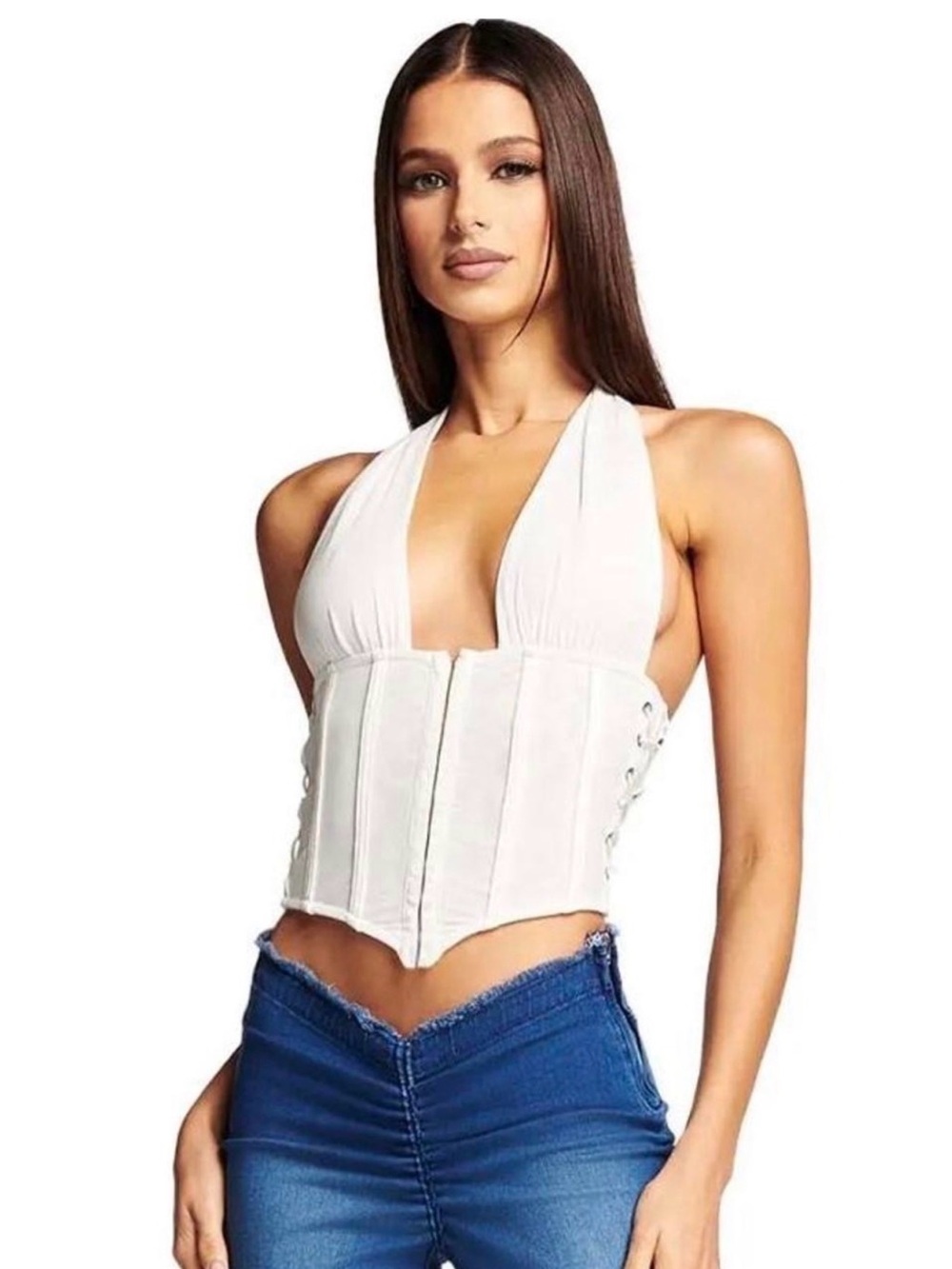 I.Am.Gia Celestina Corset Halter Top Lace Up SZ M White